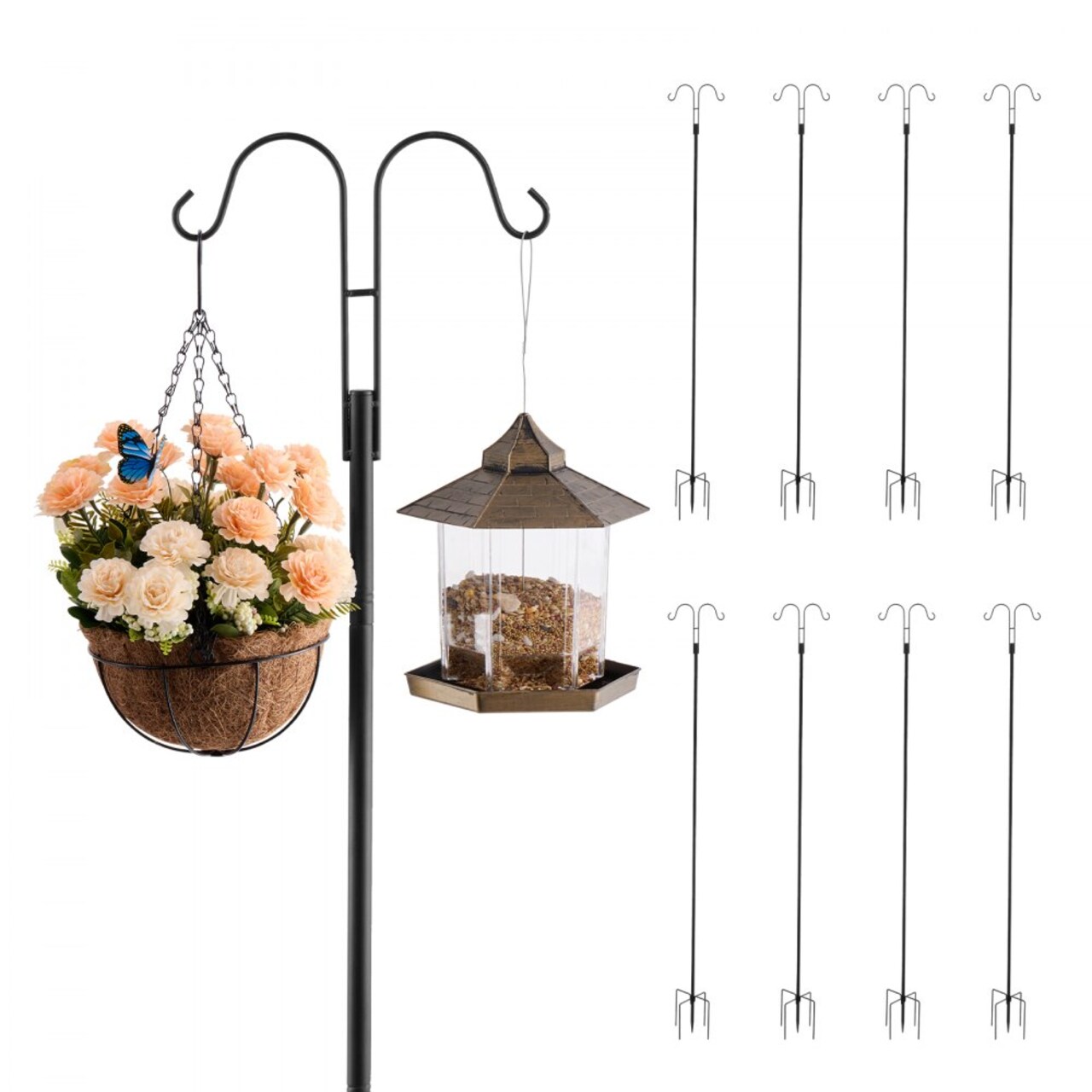 Black Steel Bird Feeder Pole with Dual Hooks and Stable Base, 8-Pack